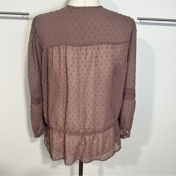 DR2 by Daniel Rainn Size L Brown Tassel Clip Dot Blouse Peasant Top Boho Neutral - Picture 5 of 12
